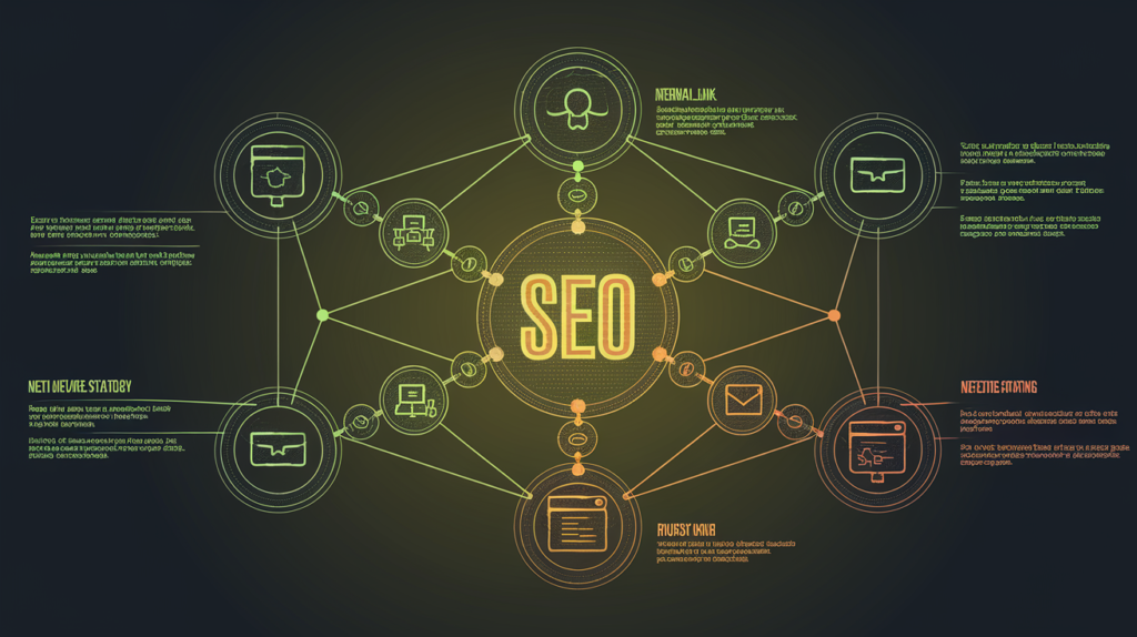 Conseils SEO: Un schéma d'arborescence de liens internes et externes reliant différentes pages d'un site web, illustrant la stratégie de netlinking pour booster SEO. Des nuances de vert et d'orange montrent la structure et la connexion.