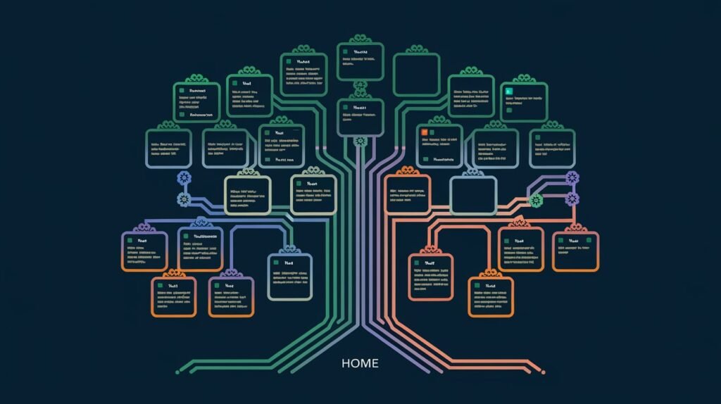 Un schéma d'arborescence de liens internes et externes reliant différentes pages d'un site web, illustrant la stratégie de netlinking pour booster SEO. Des nuances de vert et d'orange montrent la structure et la connexion.