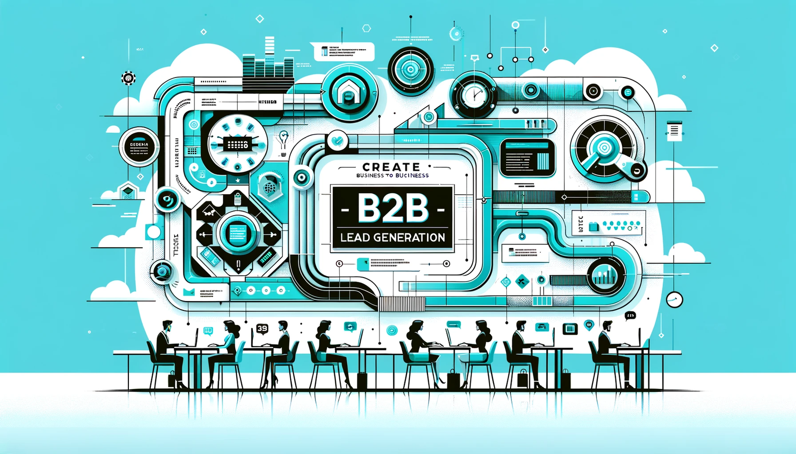DALL·E 2023 11 05 15.16.05 Create a modern horizontal infographic for a digital environment showcasing B2B Lead Generation. Use minimal text and incorporate a vibrant turquoi
