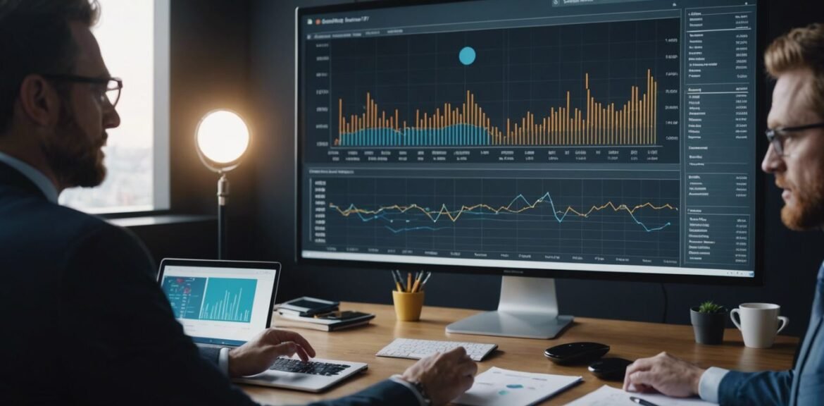 Business professionals discussing digital marketing strategies with charts and graphs in a meeting room.