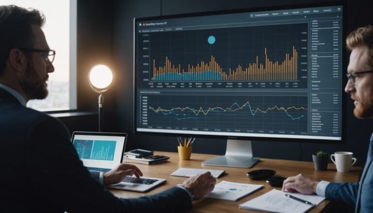 Business professionals discussing digital marketing strategies with charts and graphs in a meeting room.