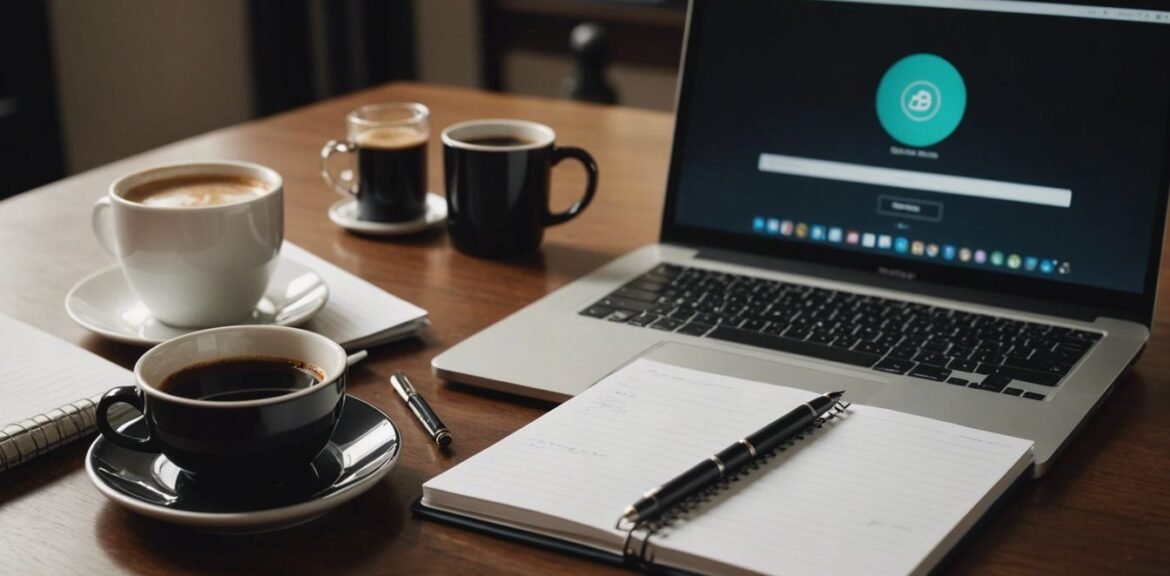 Workspace with laptop, notepad, and coffee cup representing B2B communication best practices.