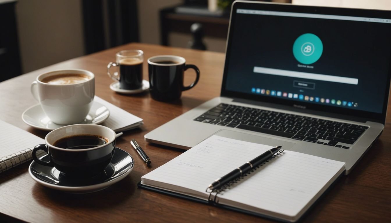 Workspace with laptop, notepad, and coffee cup representing B2B communication best practices.