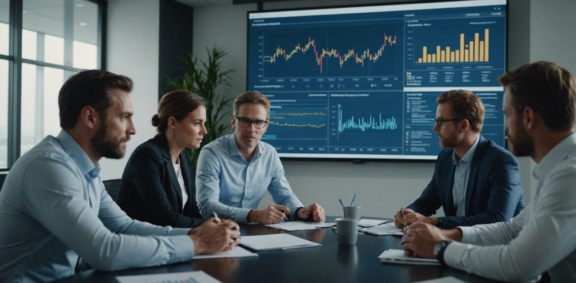 Healthcare communication experts collaborating in a meeting room with charts and graphs on a screen.