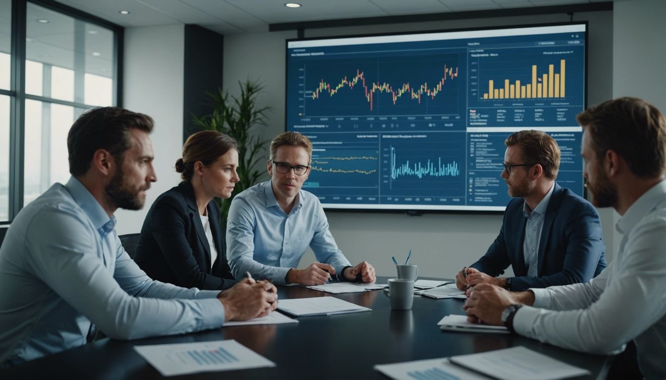 Healthcare communication experts collaborating in a meeting room with charts and graphs on a screen.