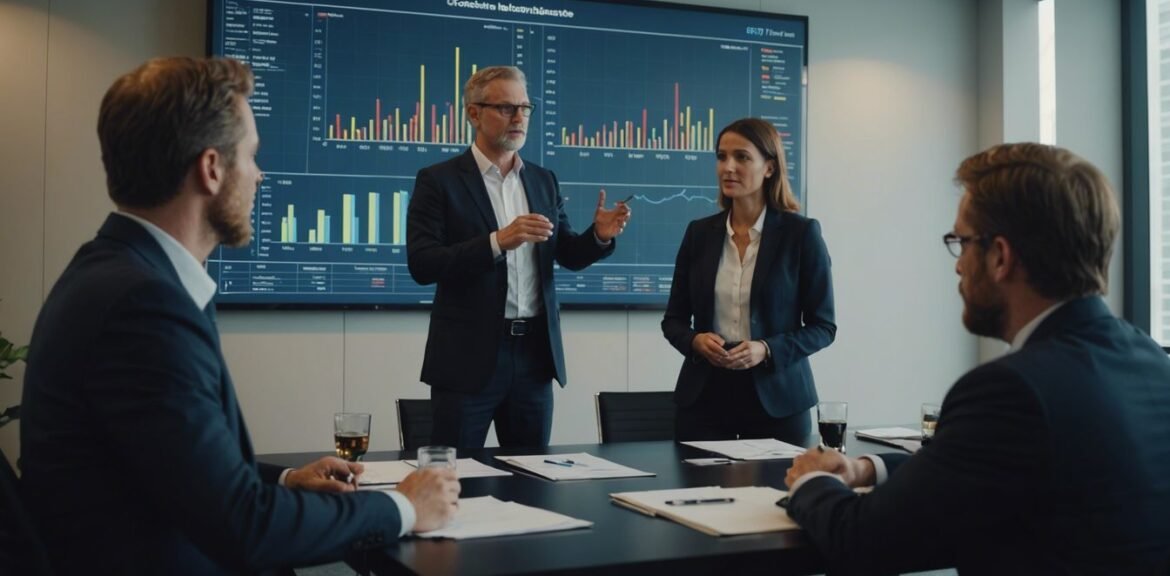 Diverse business team in a meeting discussing strategies with charts and graphs on a screen.