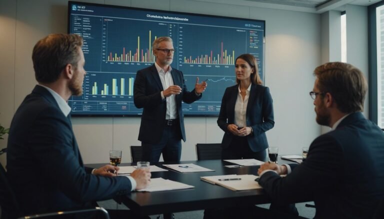 Diverse business team in a meeting discussing strategies with charts and graphs on a screen.