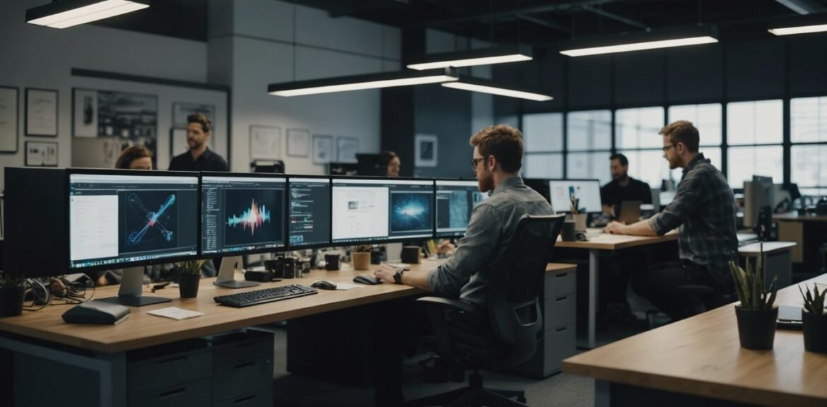 Team of web designers collaborating in a modern office workspace with computers and design tools.