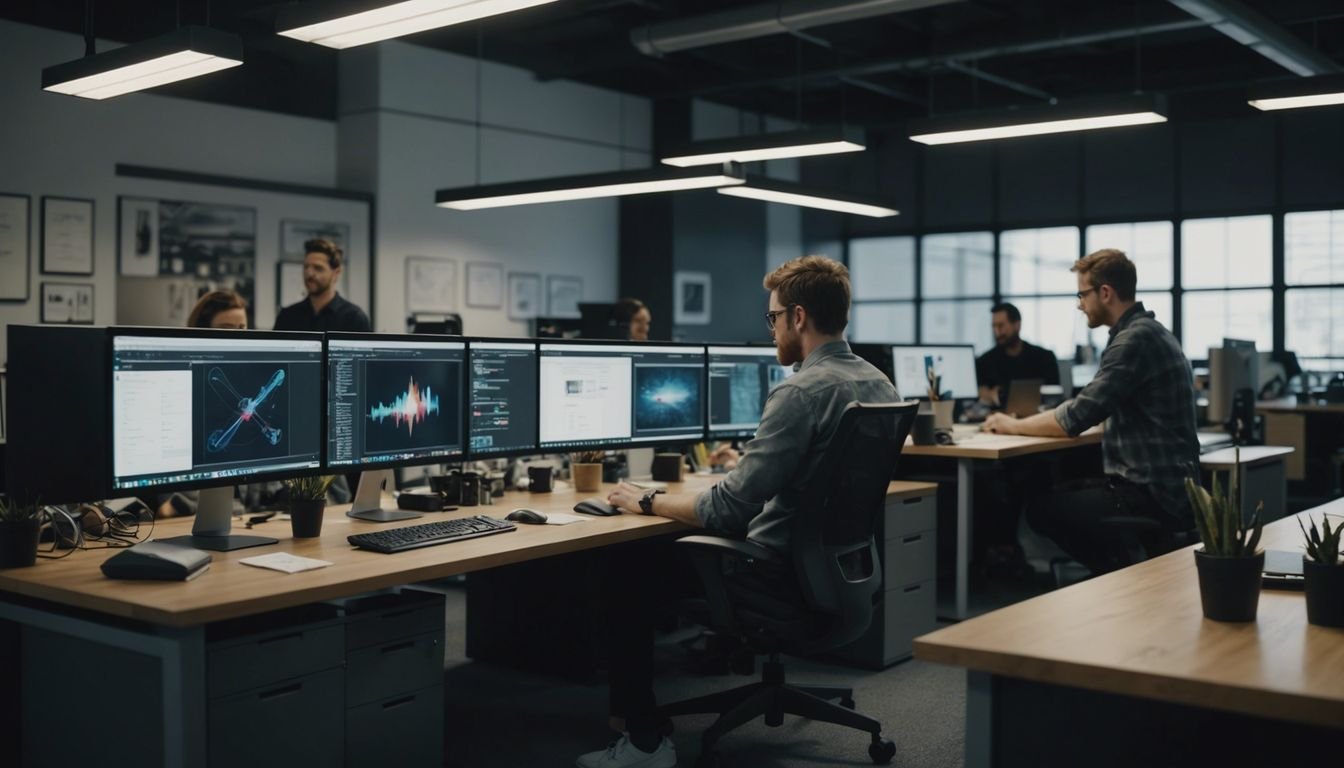 Team of web designers collaborating in a modern office workspace with computers and design tools.