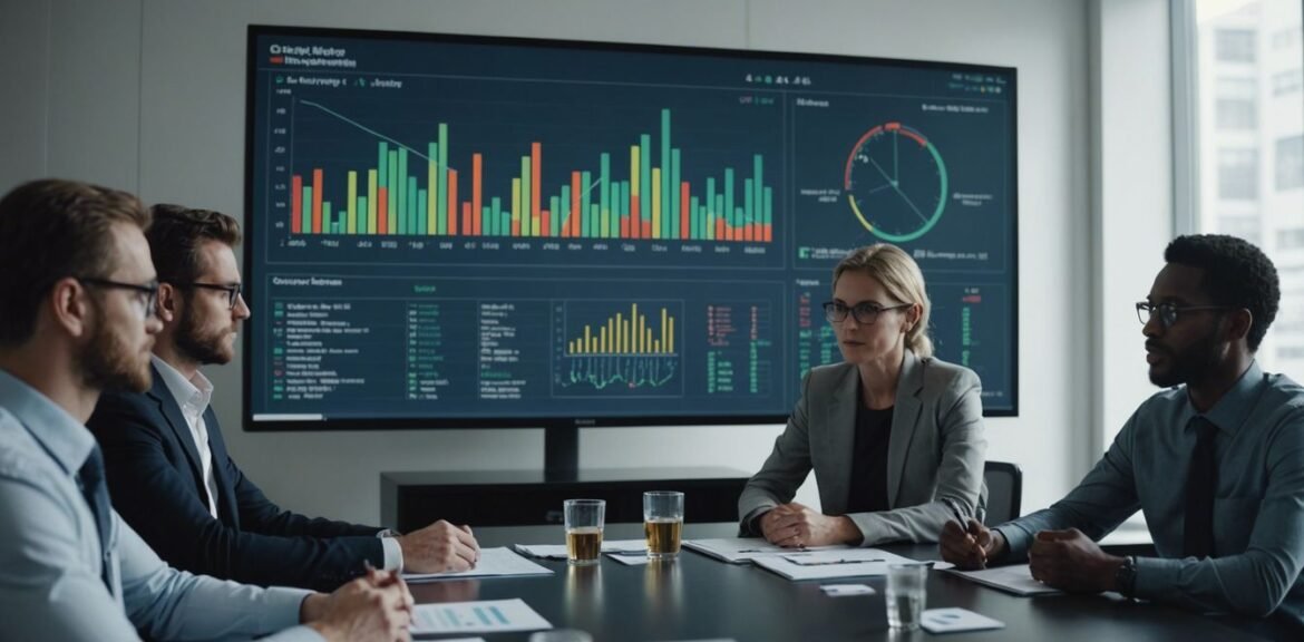 Business team in a meeting room discussing B2B communication strategies with charts and graphs on screen.