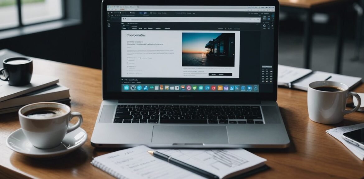 Modern workspace with laptop, notes, coffee, and smartphone, representing digital content creation by a web agency.