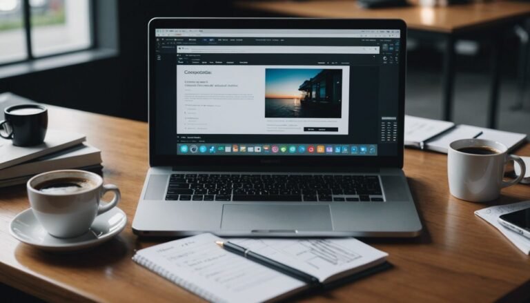 Modern workspace with laptop, notes, coffee, and smartphone, representing digital content creation by a web agency.