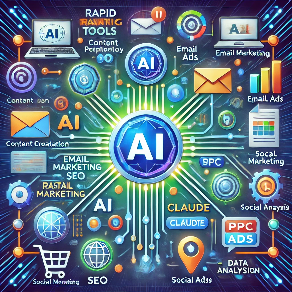 Illustration résumant l'utilisation d'outils d'IA tels que Perplexity ai et Claude ai pour la génération rapide de trafic en SEO . L'image présente une représentation centrale d'IA