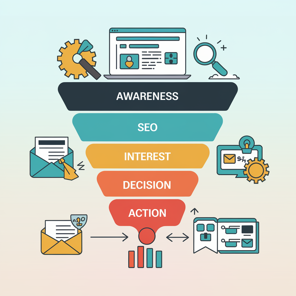 Une infographie montrant les différentes étapes d'un entonnoir de conversion B2B, avec des icônes représentant le site web, leSEO, les emails et les réseaux sociaux