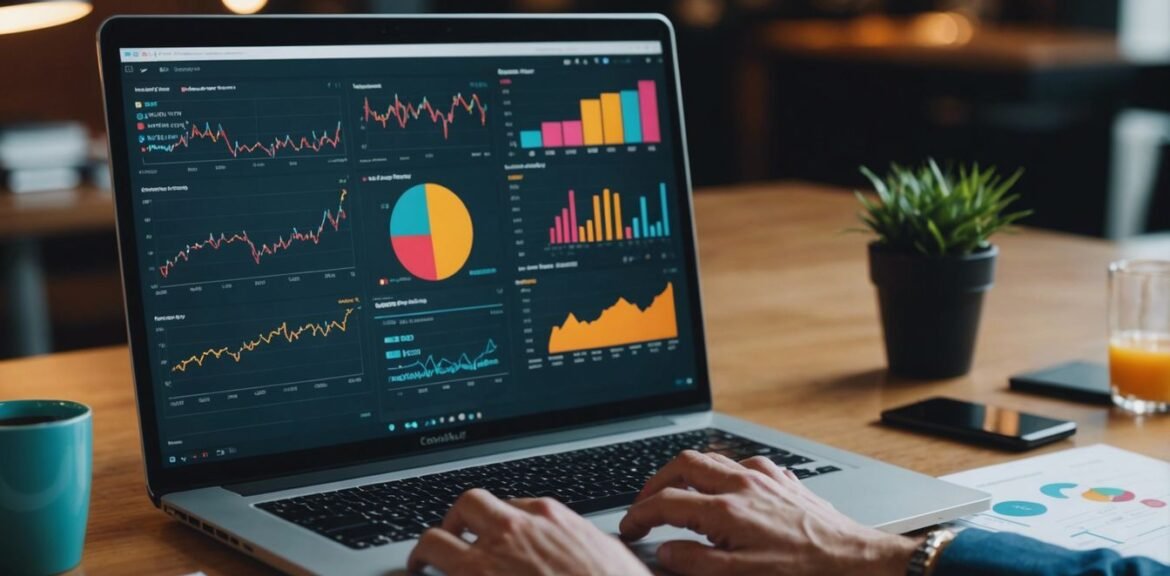 Digital marketing agency optimizing online presence with charts, graphs, and analytics on a laptop screen.