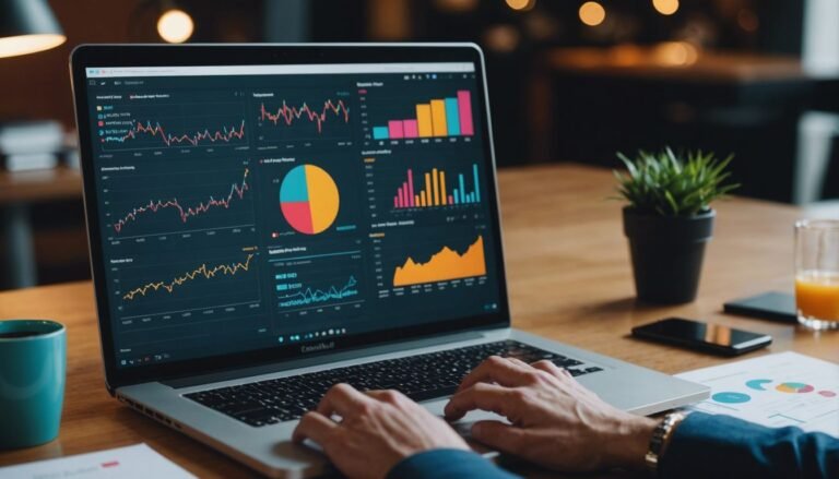 Digital marketing agency optimizing online presence with charts, graphs, and analytics on a laptop screen.