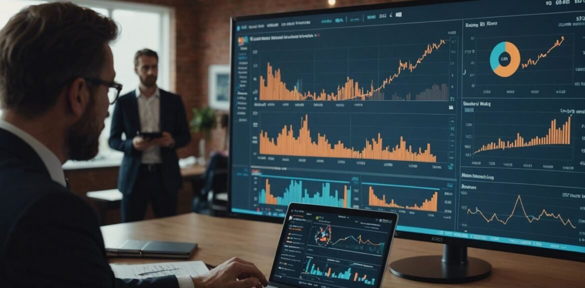 Business professionals discussing digital marketing strategies with charts and graphs displayed on a screen in a meeting room.