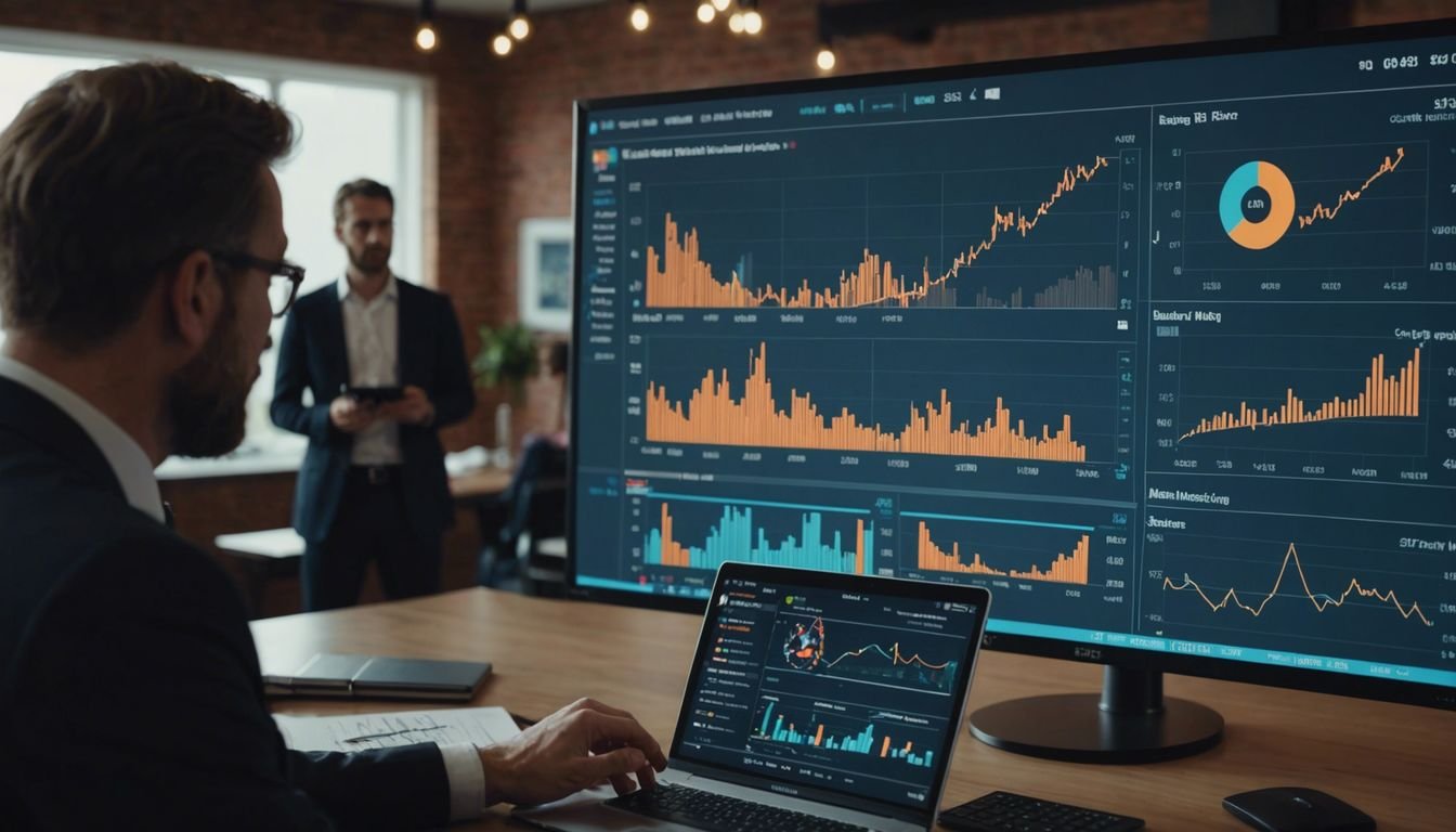 Business professionals discussing digital marketing strategies with charts and graphs displayed on a screen in a meeting room.