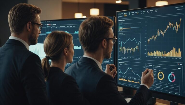 Team analyzing B2B marketing strategies on a digital board with graphs and charts for optimal results.