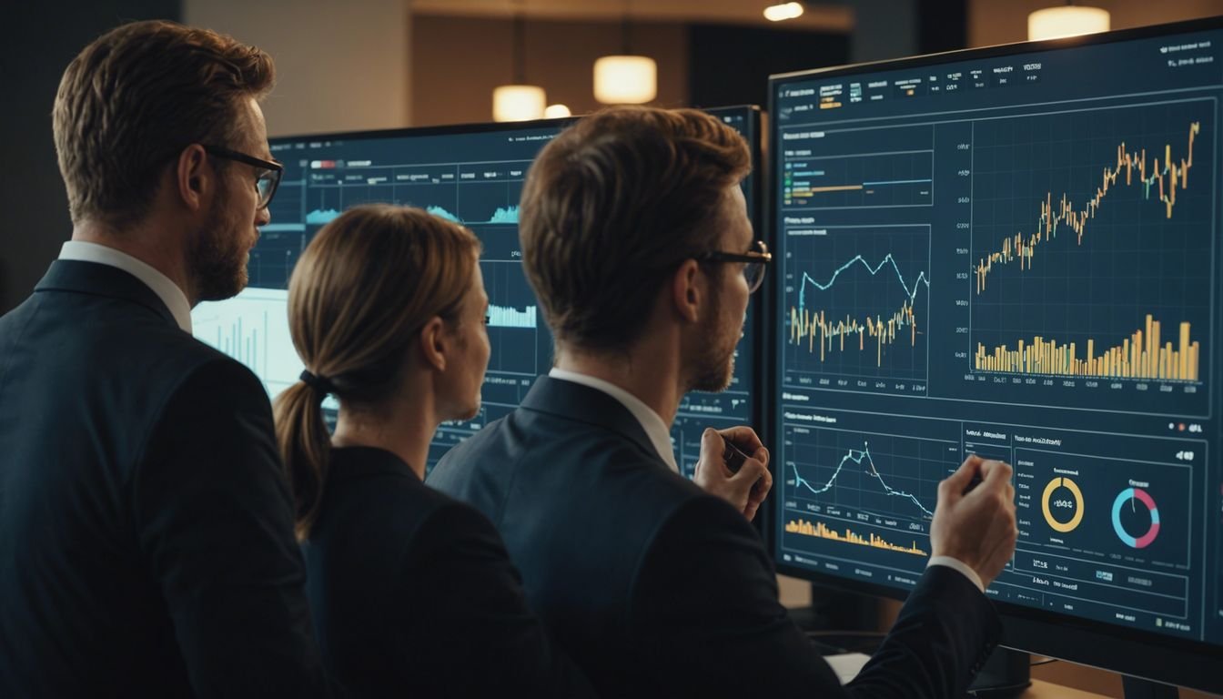 Team analyzing B2B marketing strategies on a digital board with graphs and charts for optimal results.