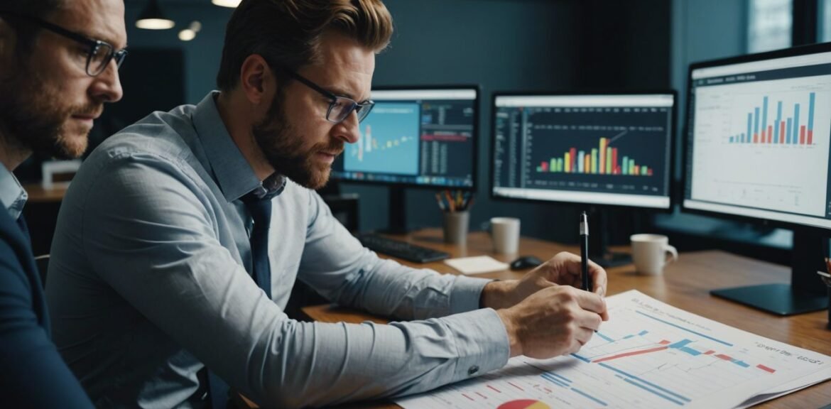 Marketing team discussing strategies with charts and graphs in a modern office.