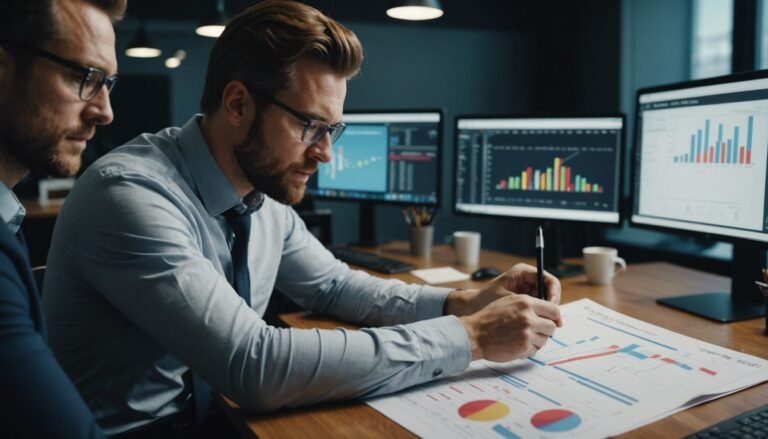 Marketing team discussing strategies with charts and graphs in a modern office.