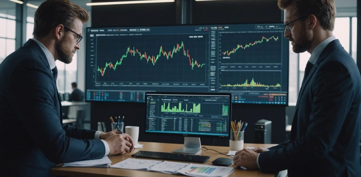 Team of professionals analyzing market data on a large screen in a modern office, showcasing charts and graphs.