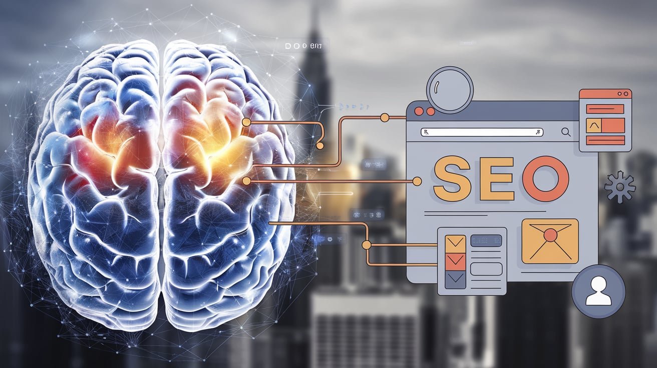 Un cerveau humain connecté à un moteur de recherche, illustrant la synergie entre le copywriting SEO et la compréhension des besoins des utilisateurs