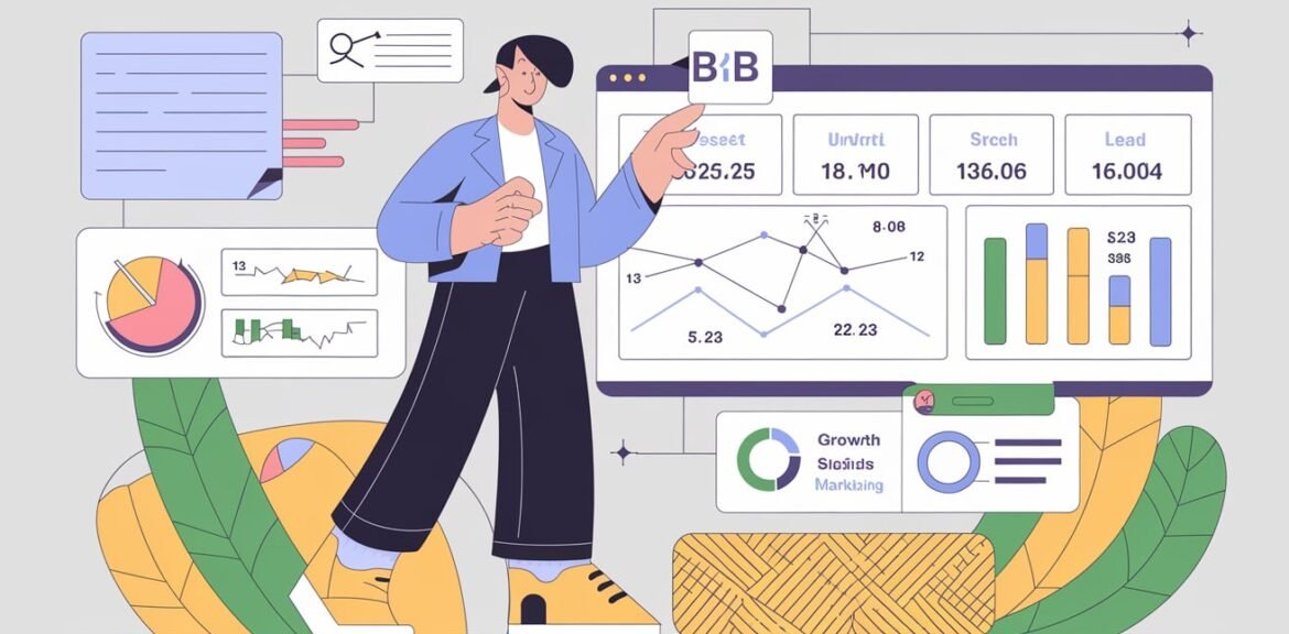 Illustration d'un tableau de bord de scoring de leads dans un environnement B2B. Des graphiques détaillés montrent les scores des prospects, les indicateurs de qualification, et des métriques de suivi des leads. En arrière-plan, l'écran indique un focus sur l'amélioration du Growth Marketing B2B pour une meilleure efficacité des ventes.