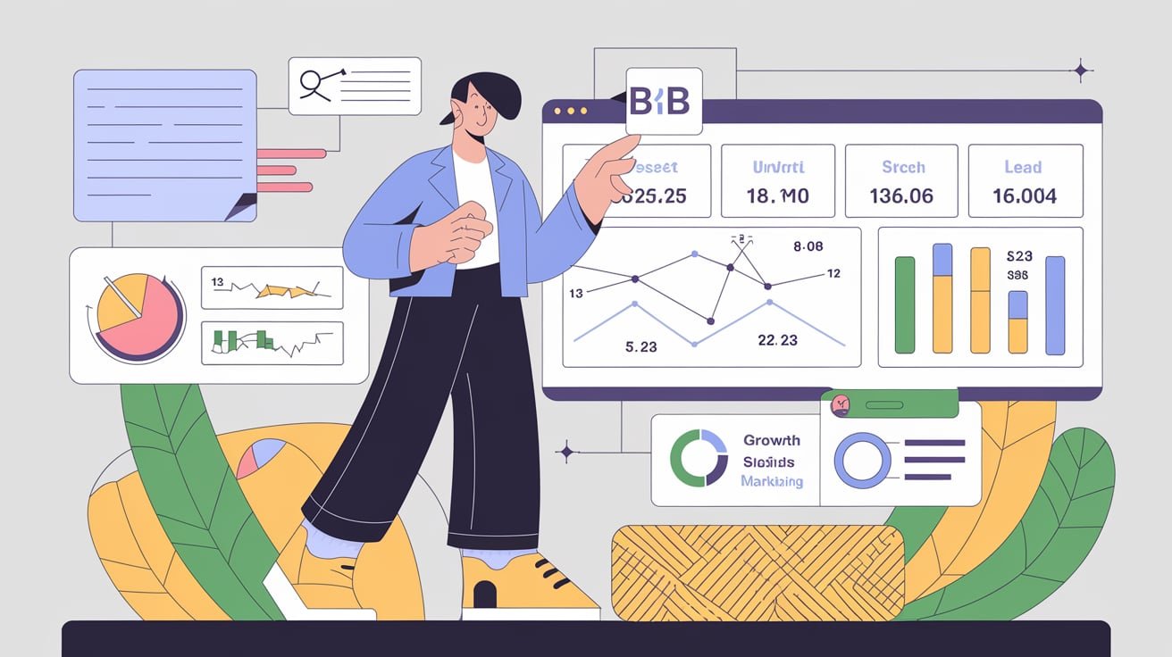 Illustration d'un tableau de bord de scoring de leads dans un environnement B2B. Des graphiques détaillés montrent les scores des prospects, les indicateurs de qualification, et des métriques de suivi des leads. En arrière-plan, l'écran indique un focus sur l'amélioration du Growth Marketing B2B pour une meilleure efficacité des ventes.