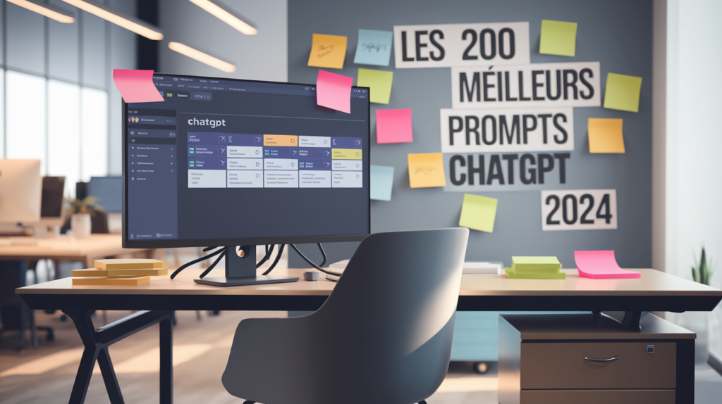 Un bureau moderne avec un écran d'ordinateur montrant une interface ChatGPT en action, des post-its colorés avec 'Les 200 meilleurs prompts ChatGPT 2024' visibles, lumière naturelle douce, ambiance professionnelle, style photographique corporate, haute résolution