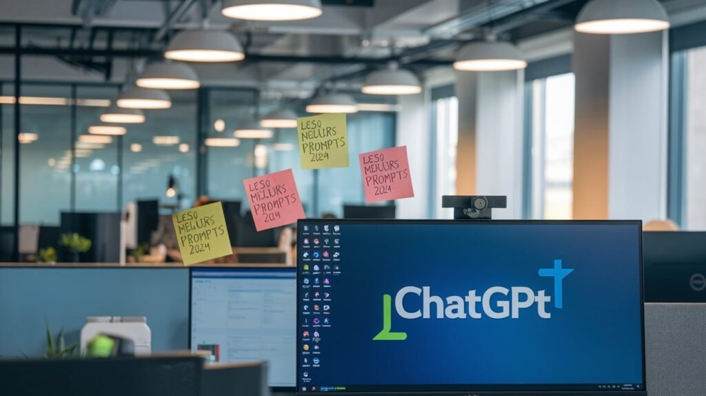 Un bureau moderne avec un écran d'ordinateur montrant une interface ChatGPT en action, des post-its colorés avec 'Les 200 meilleurs prompts ChatGPT 2024' visibles, lumière naturelle douce, ambiance professionnelle, style photographique corporate, haute résolution