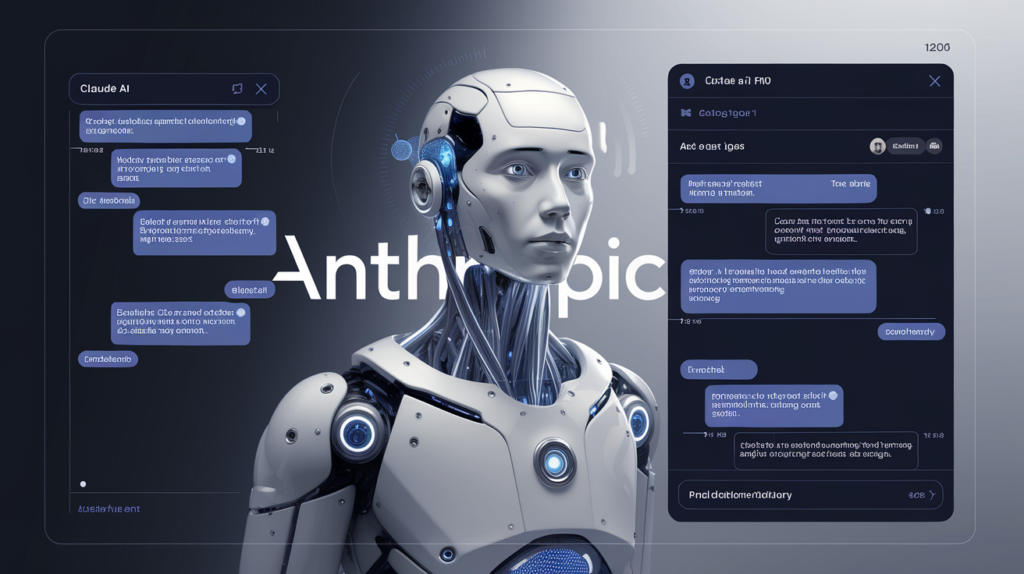 Une interface futuriste montrant Claude AI en action, avec des fenêtres de chat élégantes affichant des conversations analytiques complexes, le logo Anthropic en filigrane, palette de couleurs bleu et blanc, style minimaliste professionnel