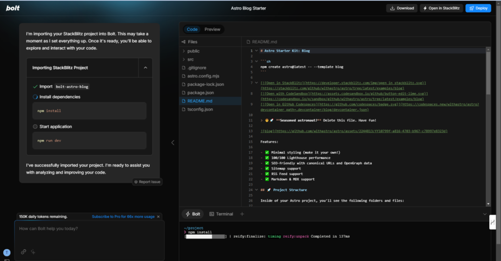 Je suis en train d'importer votre projet StackBlitz dans Bolt. Cela peut prendre un moment, le temps que je mette tout en place. Une fois que tout est prêt, vous pourrez explorer et interagir avec votre code.