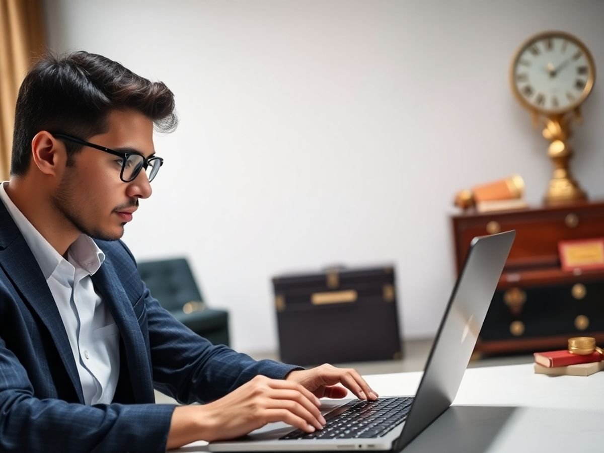 Homme travaillant ses cold email sur un ordinateur portable, ambiance professionnelle.