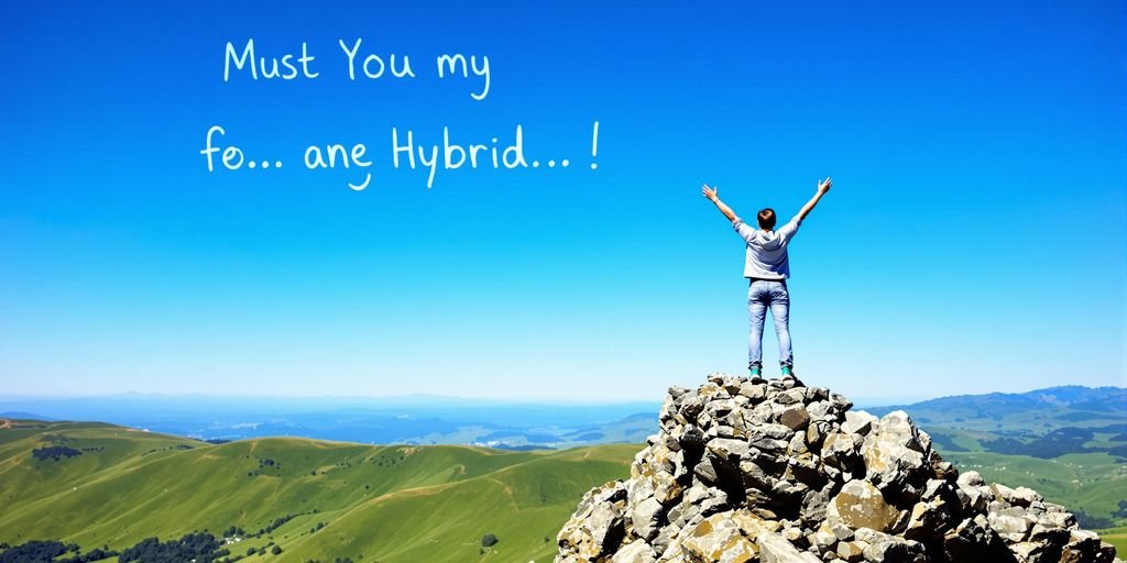 agence hybride en webmarketing: Une personne au sommet d'une montagne, bras levés.