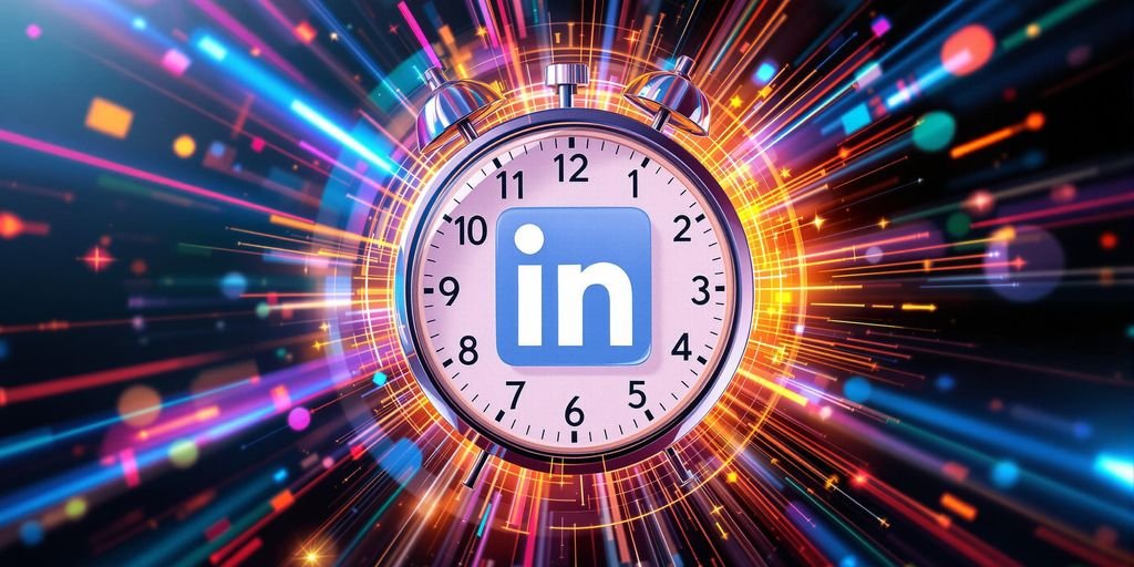 publier sur LinkedIn: Logo LinkedIn avec une horloge dynamique et colorée.